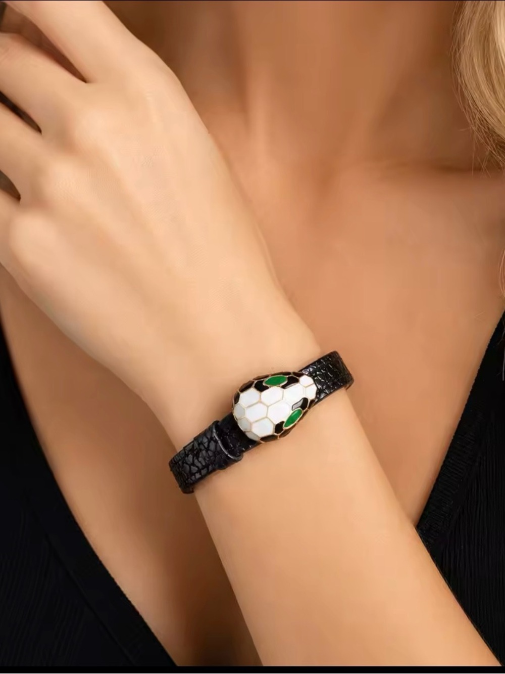 Black Leather Bracelet with White & Green Enamel Snake Head